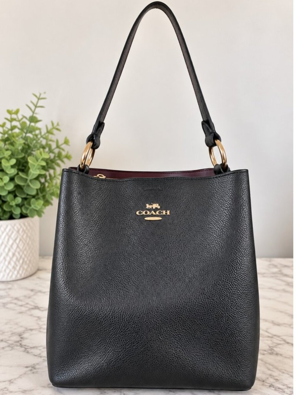 Coach Town Bucket Bag 91122 Black Oxblood Pebble Leather Shoulder Bag